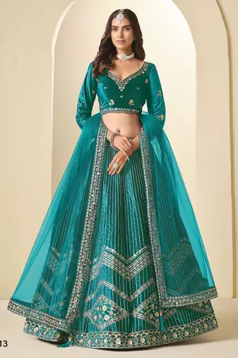 Teal Green Ice Velvelt Semi Stitched Lehenga Choli witn Embroidery Work
