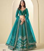 Teal Green Ice Velvelt Semi Stitched Lehenga Choli witn Embroidery Work