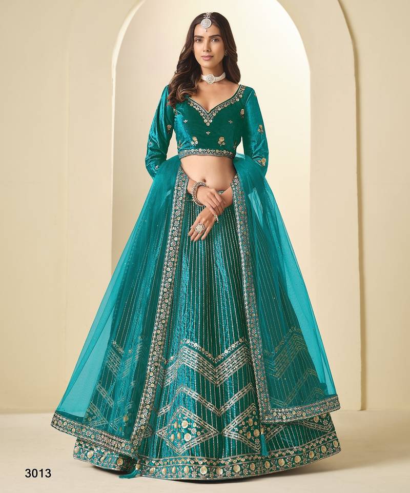 Teal Green Ice Velvelt Semi Stitched Lehenga Choli witn Embroidery Work