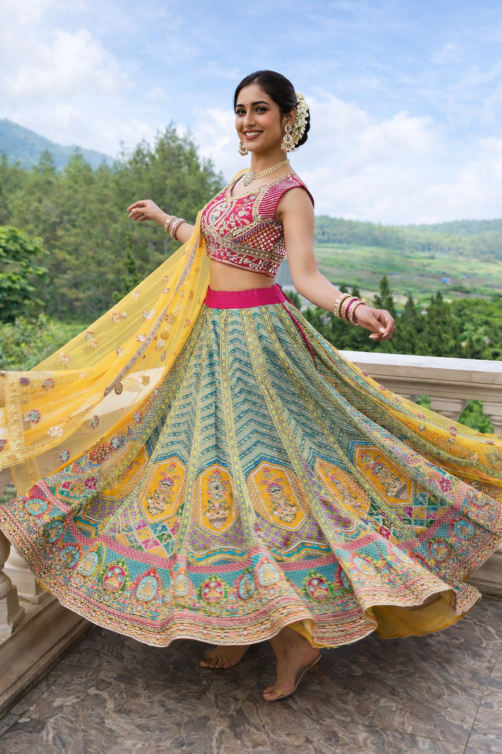 multi color crepe silk lehenga choli dupatta