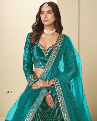 teal green ice velvelt lehenga set with choli and dupatta 3