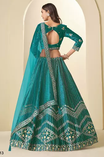 teal green ice velvelt lehenga set with choli and dupatta