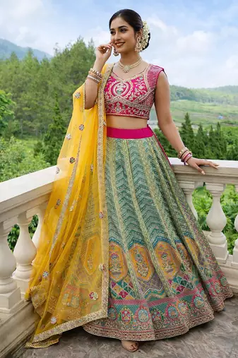 multi color crepe silk lehenga choli dupatta