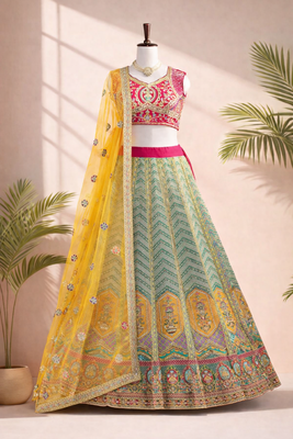 multi color crepe silk lehenga choli dupatta 4