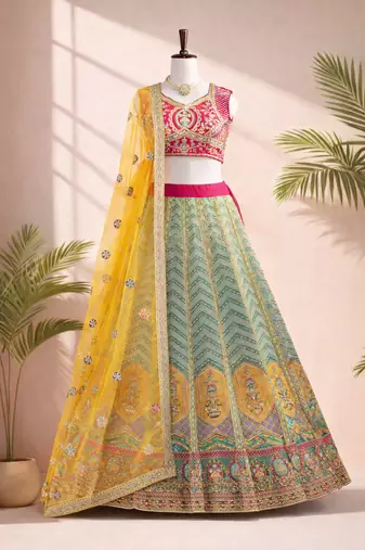 multi color crepe silk lehenga choli dupatta