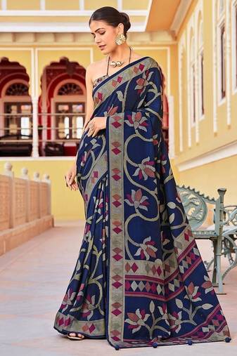 Silk blend navy blue printed saree