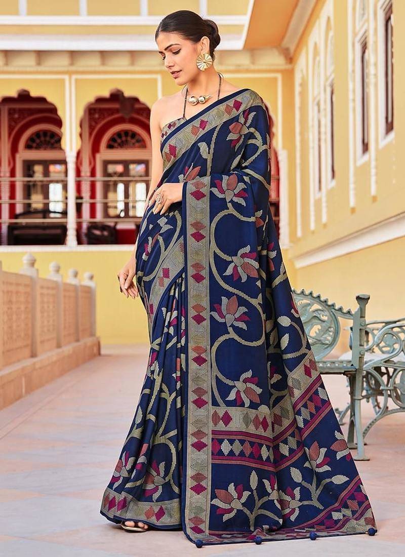 Silk blend navy blue printed saree