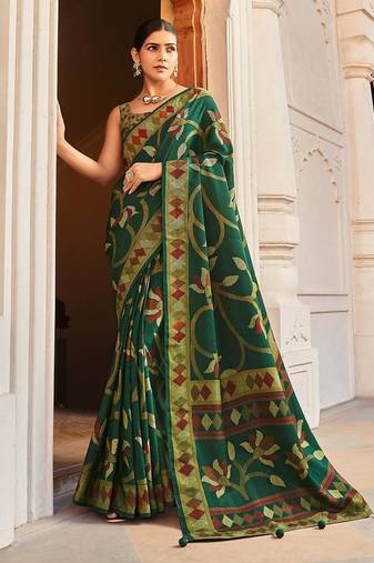 Silk blend green printed saree