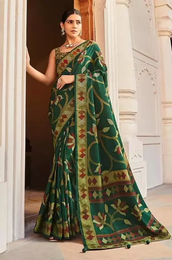 Silk blend green printed saree