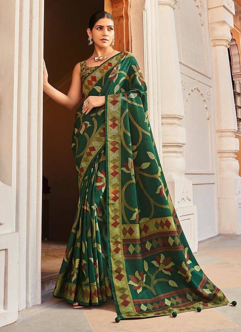 Silk blend green printed saree