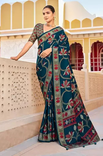 Silk blend teal printed saree