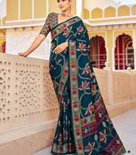 Silk blend teal printed saree
