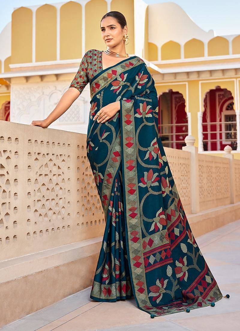 Silk blend teal printed saree