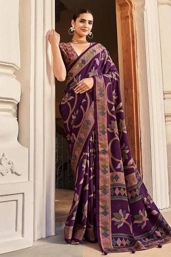 Silk blend purple printed saree