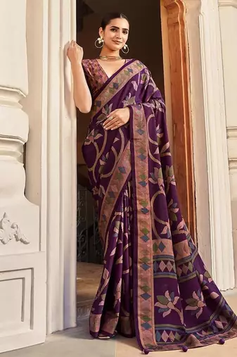 Silk blend purple printed saree