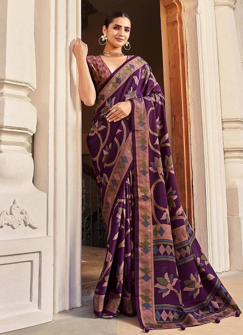Silk blend purple printed saree