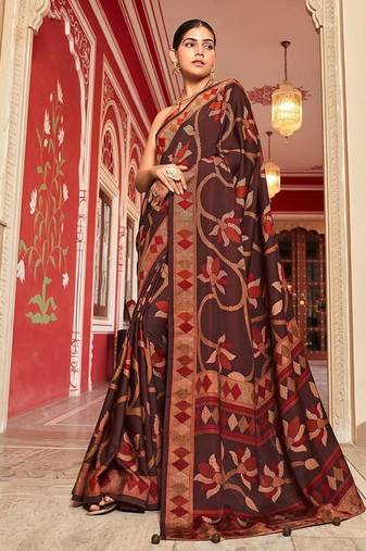 Silk blend brown printed saree