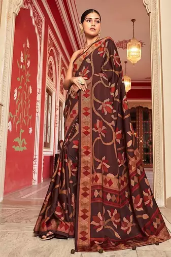 Silk blend brown printed saree
