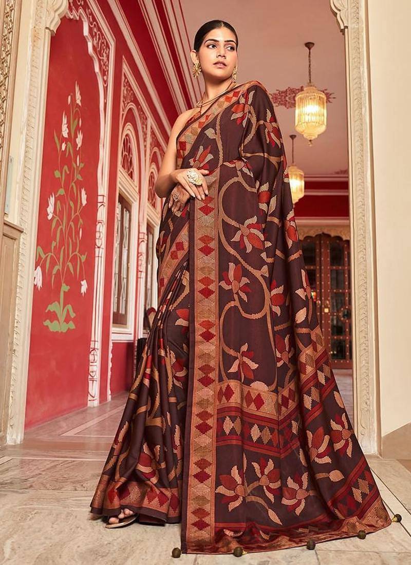 Silk blend brown printed saree