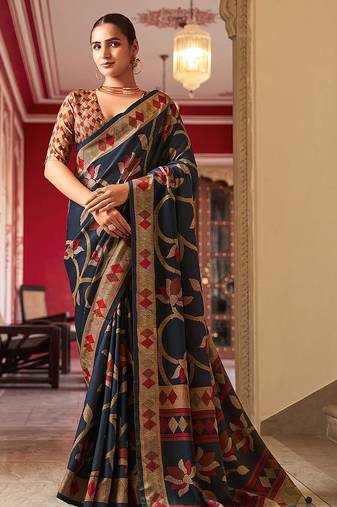 Silk blend navy blue printed saree