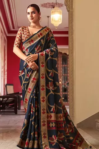 Silk blend navy blue printed saree