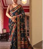 Silk blend navy blue printed saree