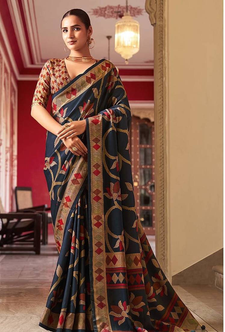 Silk blend navy blue printed saree