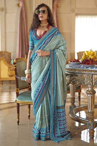 Aqua blue printed silk blend party contemporary saree