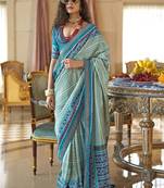 Aqua blue printed silk blend party contemporary saree