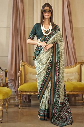 Green printed silk blend party contemporary saree
