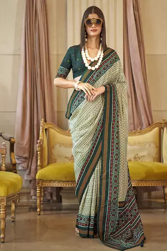 Green printed silk blend party contemporary saree
