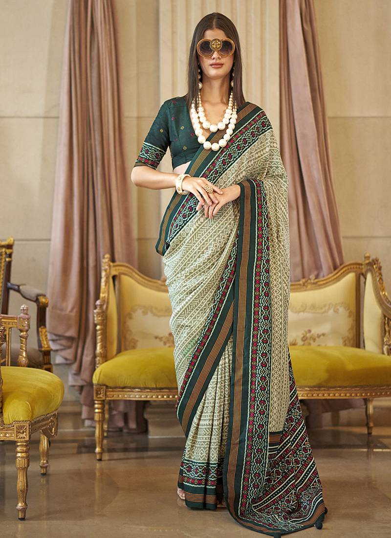 Green printed silk blend party contemporary saree
