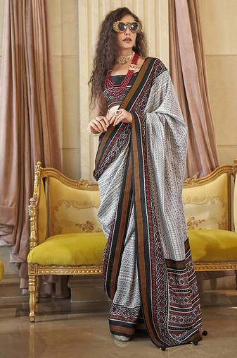 Grey printed silk blend party contemporary saree