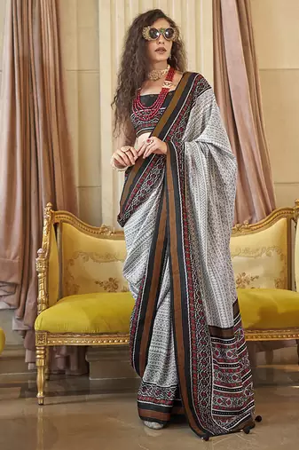 Grey printed silk blend party contemporary saree