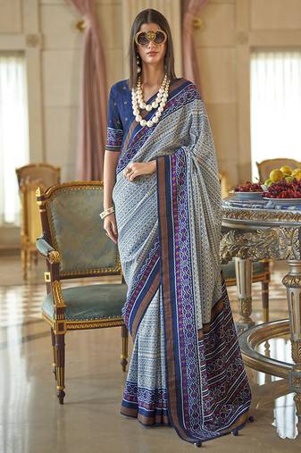 Light blue printed silk blend party contemporary saree