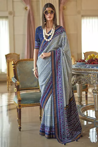 Light blue printed silk blend party contemporary saree