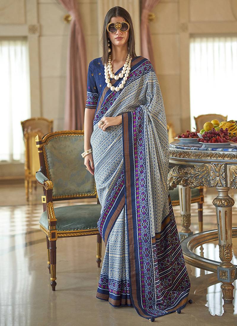 Light blue printed silk blend party contemporary saree