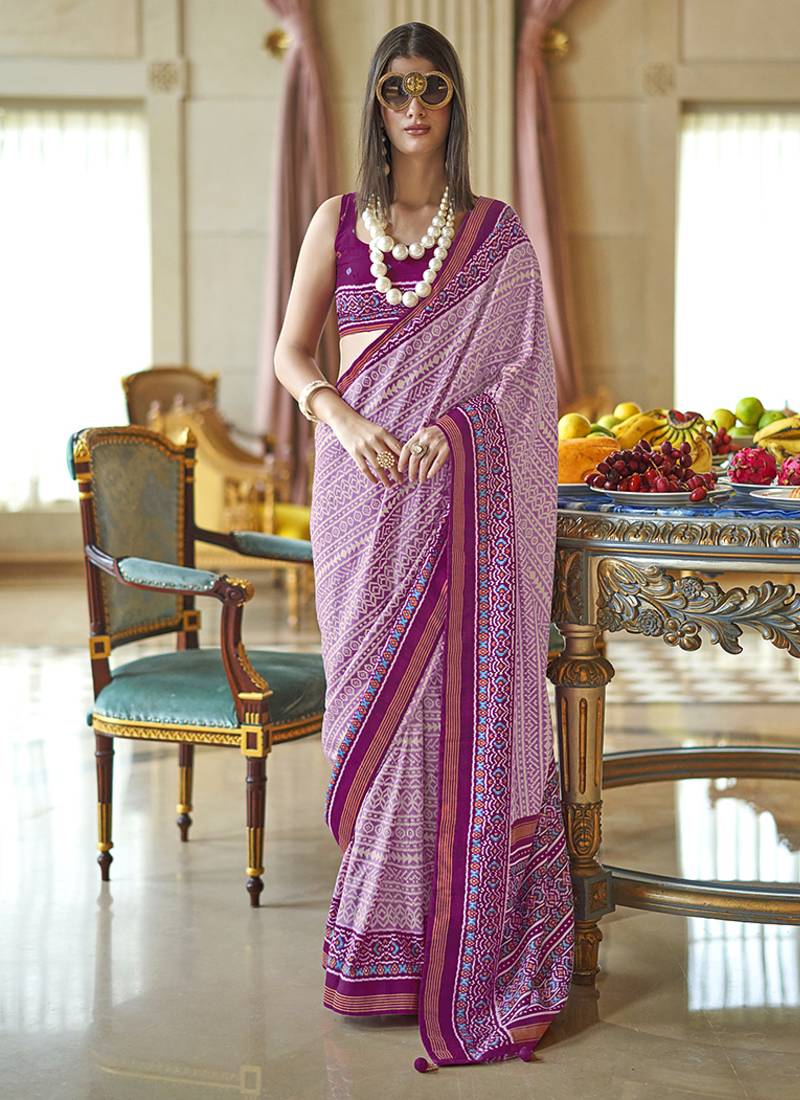 Magenta printed silk blend party contemporary saree