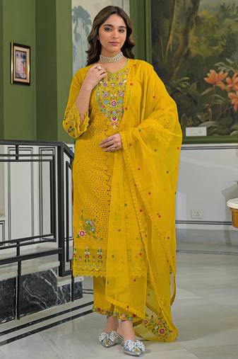 Women yellow viscose embroidered straight kurta trousers with dupatta