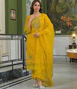 Women yellow viscose embroidered straight kurta trousers with dupatta