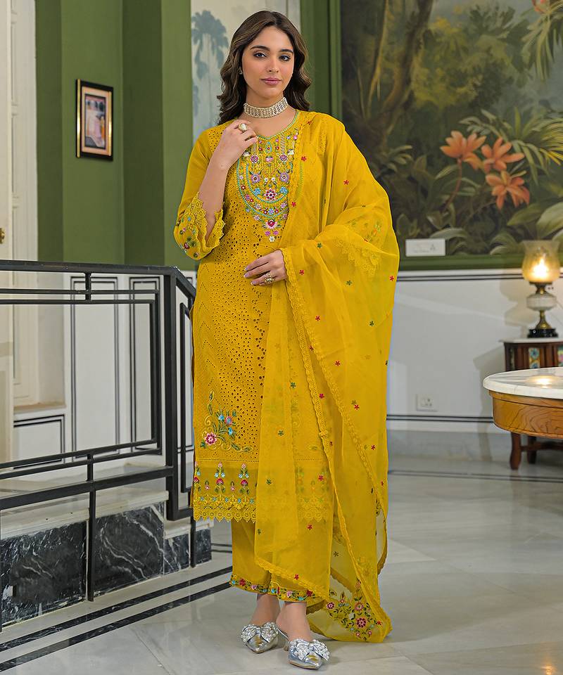 Women yellow viscose embroidered straight kurta trousers with dupatta