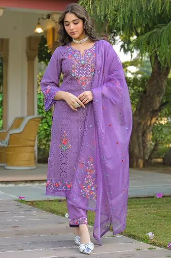 Women purple viscose embroidered straight kurta trousers with dupatta