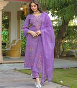 Women purple viscose embroidered straight kurta trousers with dupatta