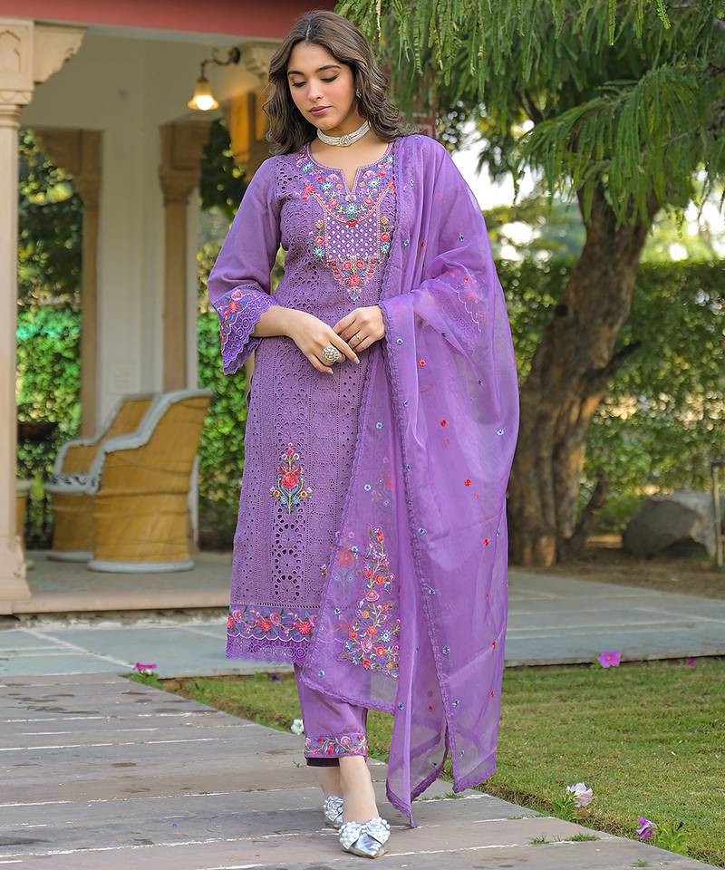 Women purple viscose embroidered straight kurta trousers with dupatta