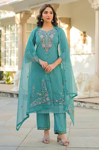 Women sea green viscose embroidered straight kurta trousers with dupatta