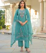 Women sea green viscose embroidered straight kurta trousers with dupatta