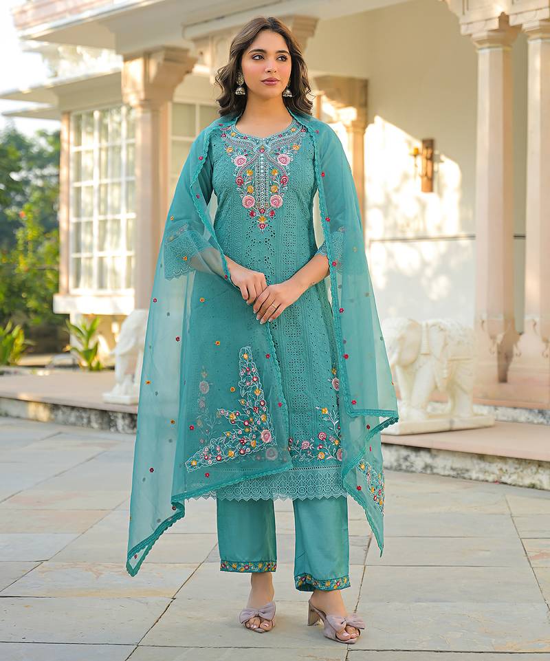 Women sea green viscose embroidered straight kurta trousers with dupatta
