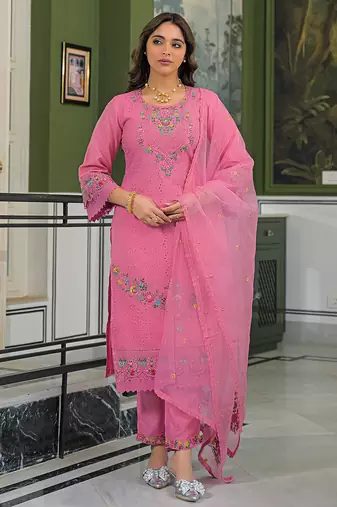 Women pink viscose embroidered straight kurta trousers with dupatta