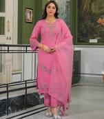 Women pink viscose embroidered straight kurta trousers with dupatta