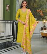 Women yellow viscose ethnic motifs printed straight kurta trousers with dupatta